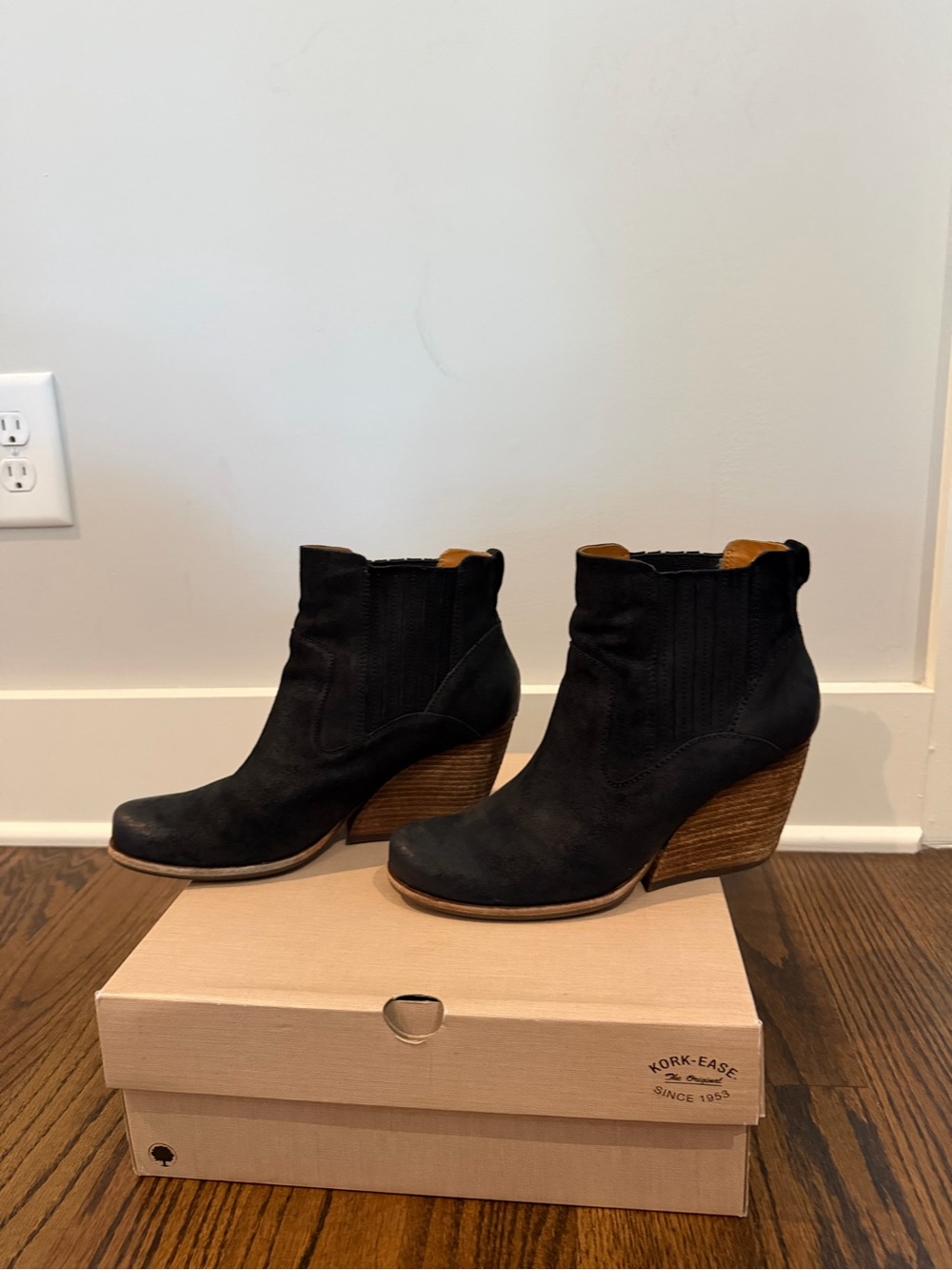 Kork-Ease Black Suede Wedge Booties